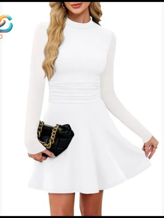 Long Sleeve Cocktail Dress Mock Neck Ruched Waist Mini Formal Party - Picture 3 of 7